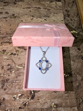 Sterling Silver 4 Sapphire Blue Stones &  Hearts Pendant Necklace 🎁